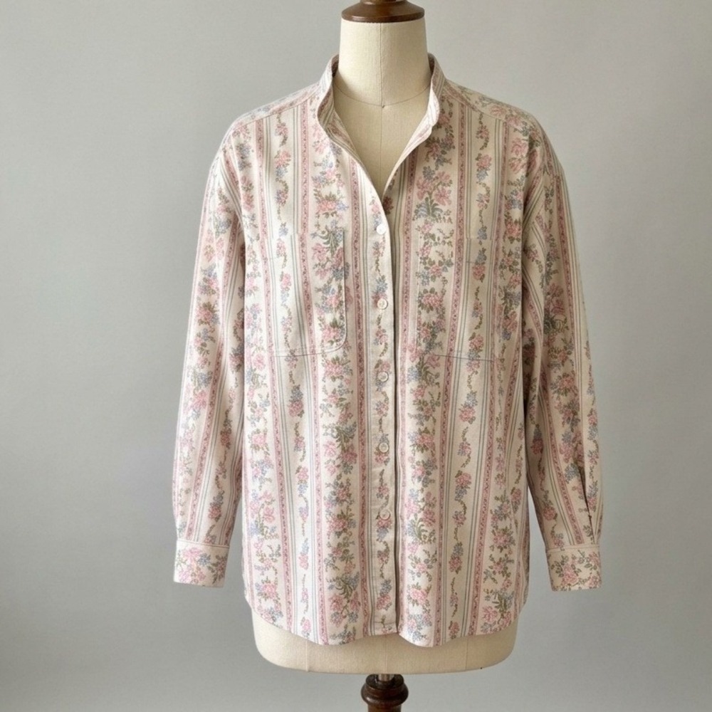 Vintage Lizwear Floral Stripe Cotton Linen Mandarin Collar Cottagecore L Dainty